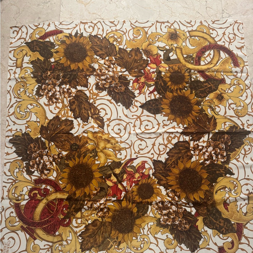 Vintage CHANEL Brown and Gold Floral Scarf